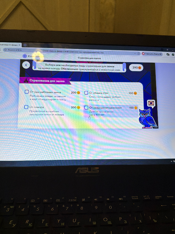 Выбери все необходимые виды страхования для замка на время похода. Обязательно прислушивайся к новостной сове.