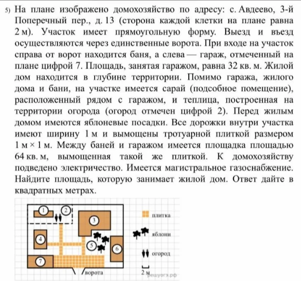 На плане изображено домохозяйство... Найдите площадь, которую занимает жилой дом. Ответ дайте в квадратных метрах.
