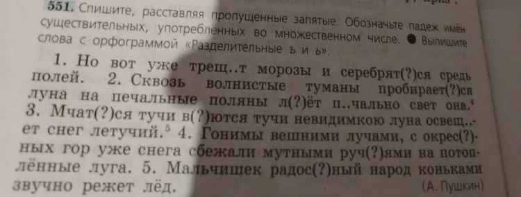 551. Спишите, расставляя пропущенные запятые. Обозначьте падеж имён существительных, употреблённых во множественном числе. Выпишите слова с орфограммой «Разделительные ъ и ь».