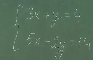 Решите систему уравнений: 3x + y = 4; 5x - 2y = 14