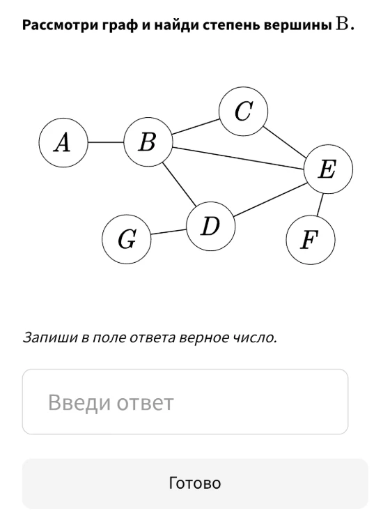 Рассмотри граф и найди степень вершины B.