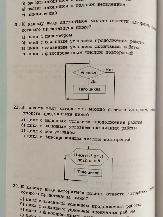 20. К какому виду алгоритмов можно отнести алгоритм, схема которого представлена ниже?