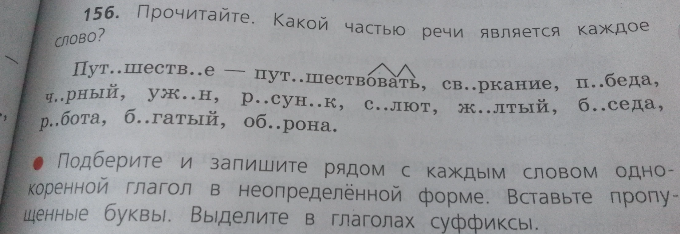 Подберите и запишите рядом с каждым словом однокоренной глагол в неопределённой форме. Вставьте пропущенные буквы. Выделите в глаголах суффиксы.