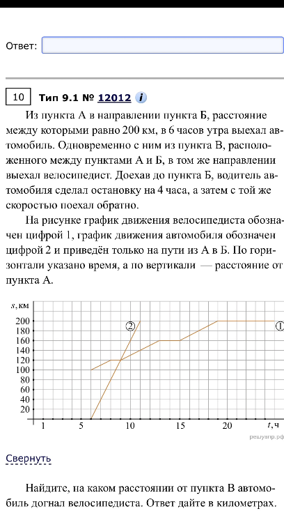 Из пункта А в направлении пункта Б, расстояние между которыми равно 200 км, в 6 часов утра выехал автомобиль. Одновременно с ним из пункта В выехал велосипедист. Найдите, на каком расстоянии от пункта В автомобиль догнал велосипедиста.