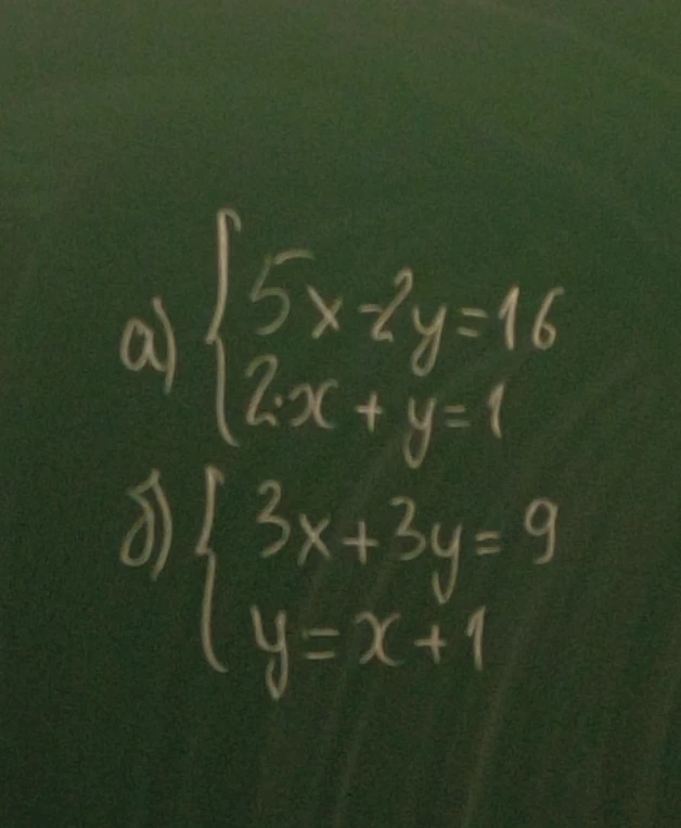 Решите системы уравнений: а) {5x-2y=16, 2x+y=1}; б) {3x+3y=9, y=x+1}