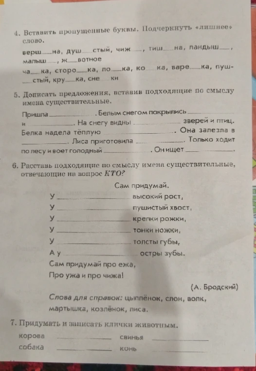 Вставить пропущенные буквы. Подчеркнуть «лишнее» слово. Дописать предложения. Расставить подходящие по смыслу имена существительные. Придумать и записать клички животным.