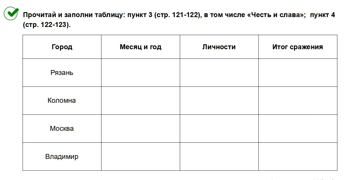 Прочитай и заполни таблицу: пункт 3 (стр. 121-122), в том числе «Честь и слава»; пункт 4 (стр. 122-123).