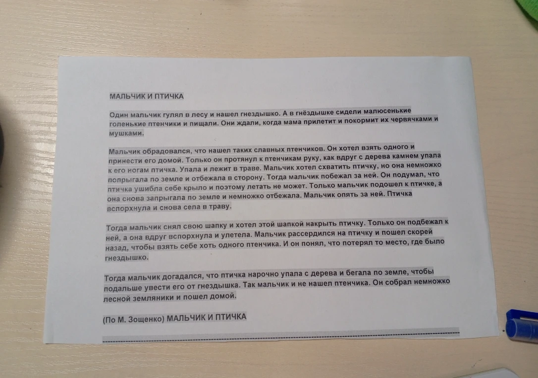 Сделай план к тексту «Мальчик и птичка» (По М. Зощенко).