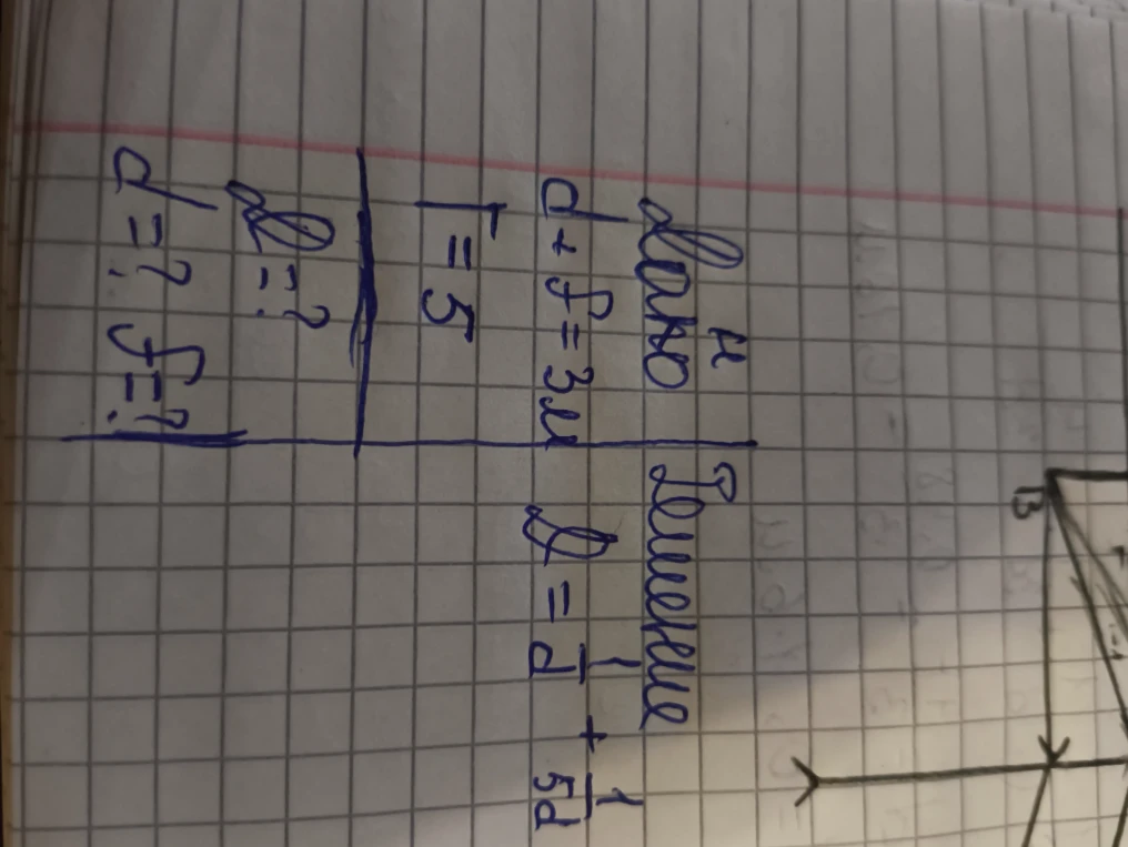 Дано: d + f = 3 м, F = 5 см. Найти: d, f.