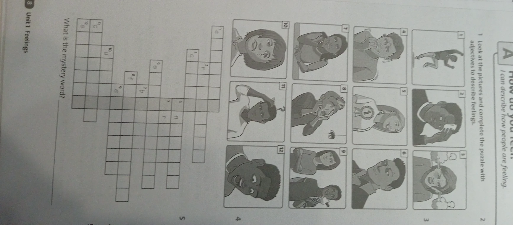 Look at the pictures and complete the puzzle with adjectives to describe feelings.