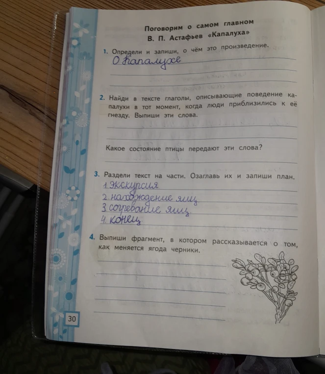 Поговорим о самом главном. В. П. Астафьев «Капалуха». Найди в тексте глаголы, описывающие поведение капалухи в тот момент, когда люди приблизились к её гнезду. Выпиши фрагмент, в котором рассказывается о том, как меняется ягода черники.