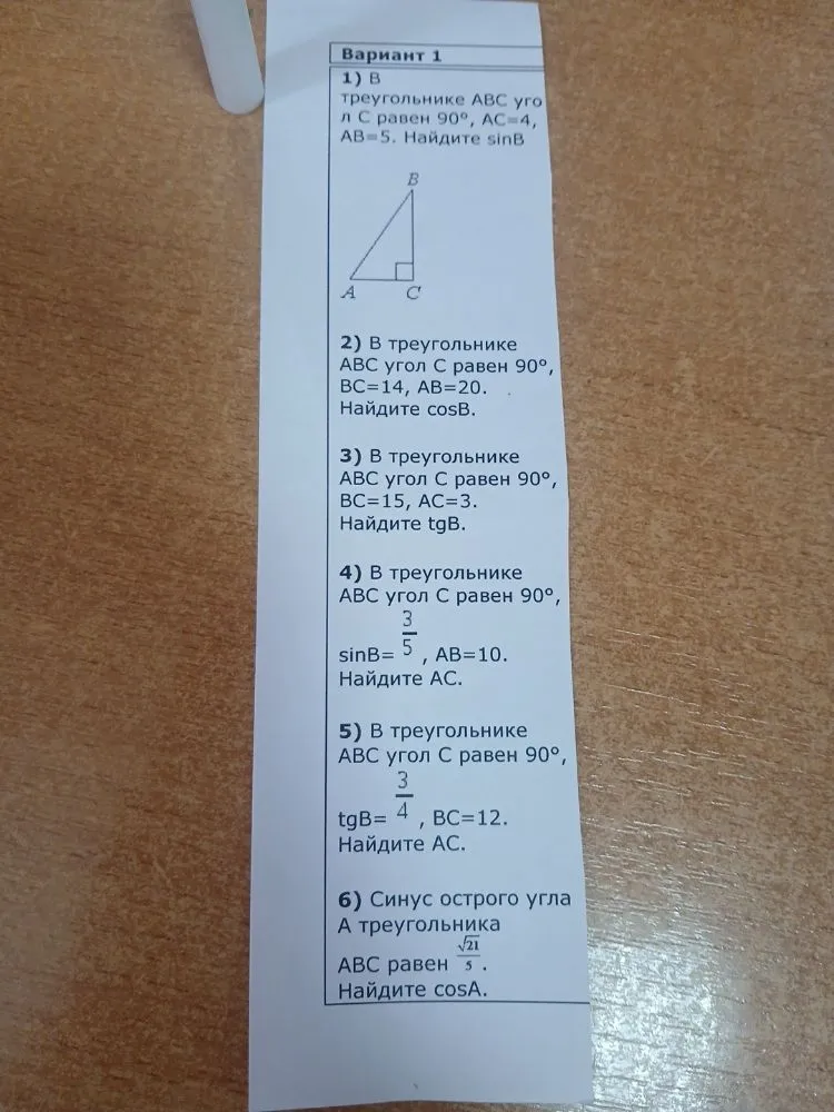 Вариант 1. 1) В треугольнике ABC угол C равен 90°, AC=4, AB=5. Найдите sinB.