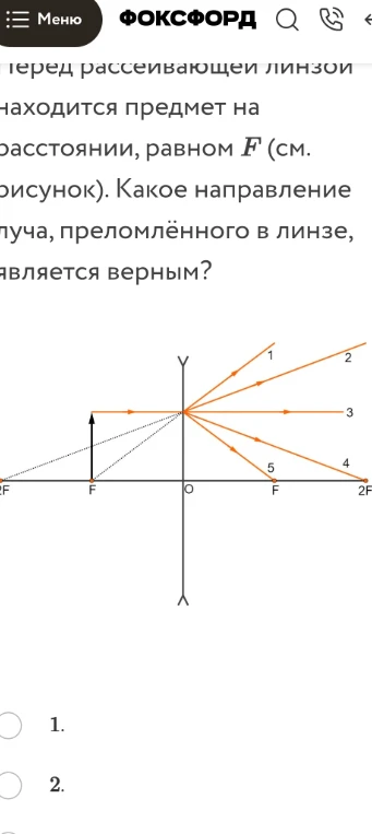 Перед рассеивающей линзой находится предмет на расстоянии, равном F. Какое направление луча, преломлённого в линзе, является верным?