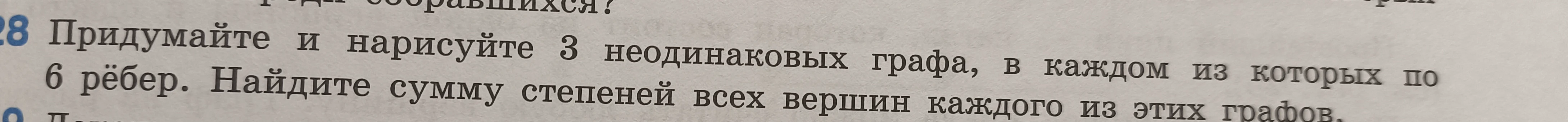 Придумайте и нарисуйте 3 неодинаковых графа, в каждом из которых по 6 рёбер. Найдите сумму степеней всех вершин каждого из этих графов.