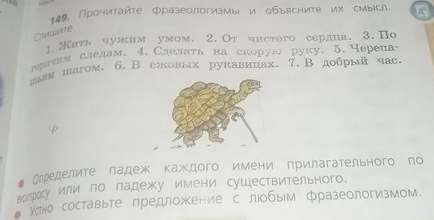 149. Прочитайте фразеологизмы и объясните их смысл. Спишите. Определите падеж каждого имени прилагательного по вопросу или по падежу имени существительного.