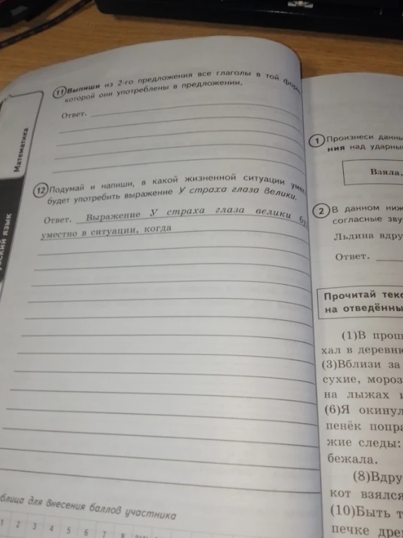 Выпиши из 2-го предложения все глаголы в той форме, в которой они употреблены в предложении. Подумай и напиши, в какой жизненной ситуации уместно будет употребить выражение У страха глаза велики.