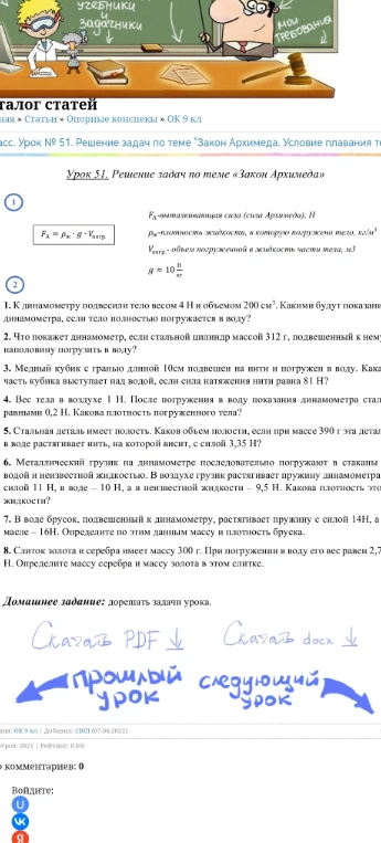 1. К динамометру подвесили тело весом 4 Н и объемом 200 см³. Какими будут показания динамометра, если тело полностью погружается в воду?