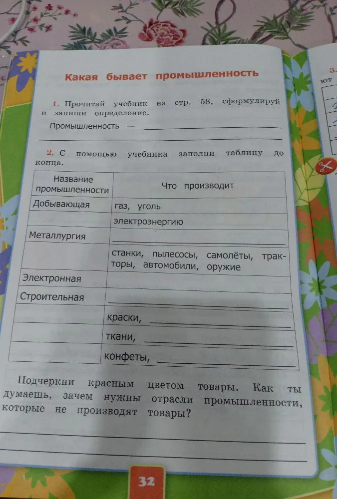 Какая бывает промышленность. 1. Прочитай учебник на стр. 58, сформулируй и запиши определение. 2. С помощью учебника заполни таблицу до конца.