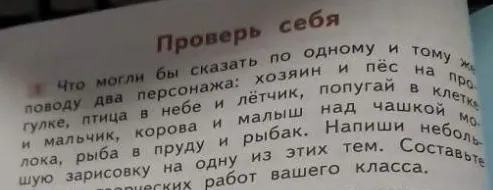 Что могли бы сказать по одному и тому же поводу два персонажа: хозяин и пёс на прогулке, птица в небе и лётчик, попугай в клетке и мальчик, корова и малыш над чашкой молока, рыба в пруду и рыбак. Напиши небольшую зарисовку на одну из этих тем.