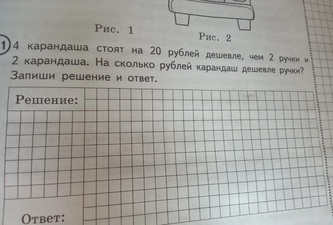 4 карандаша стоят на 20 рублей дешевле, чем 2 ручки и 2 карандаша. На сколько рублей карандаш дешевле ручки?