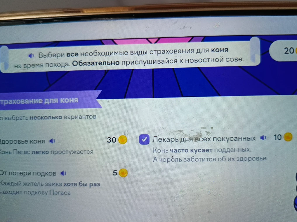 Выбери все необходимые виды страхования для коня на время похода. Обязательно прислушивайся к новостной сове.