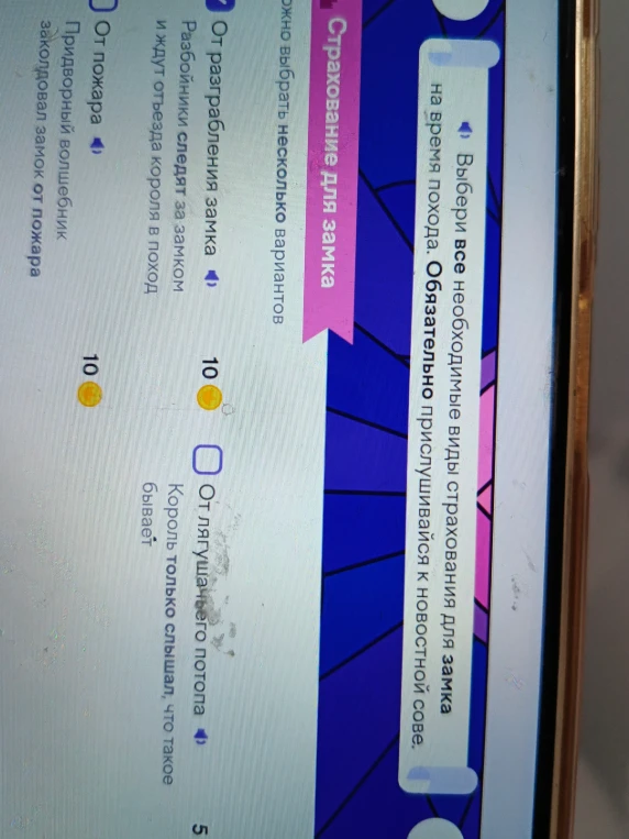 Выбери все необходимые виды страхования для замка на время похода.