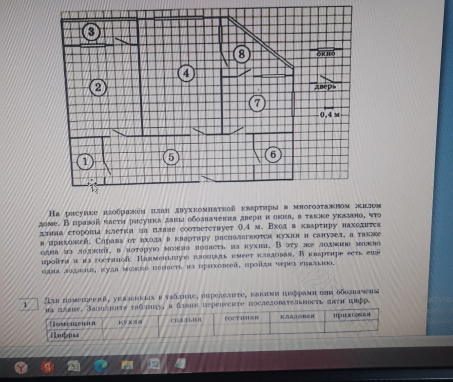 На рисунке изображен план двухкомнатной квартиры... Для помещений, указанных в таблице, определите, какими цифрами они обозначены на плане.