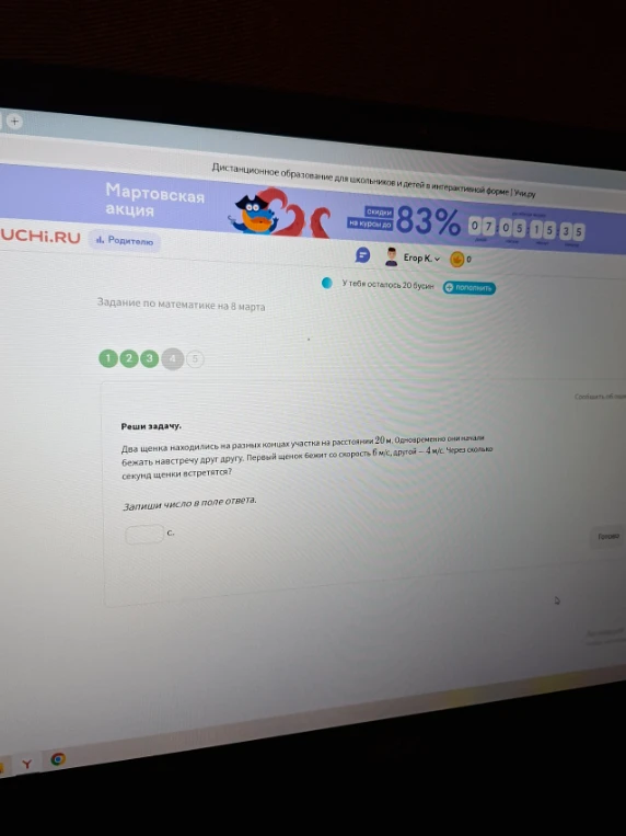 Два щенка находились на разных концах участка на расстоянии 20 м. Одновременно они начали бежать навстречу друг другу. Первый щенок бежит со скоростью 6 м/с, другой — 4 м/с. Через сколько секунд щенки встретятся?