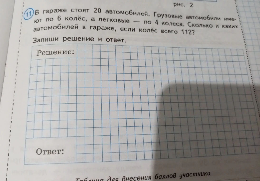В гараже стоят 20 автомобилей. Грузовые автомобили имеют по 6 колёс, а легковые — по 4 колеса. Сколько и каких автомобилей в гараже, если колёс всего 112?