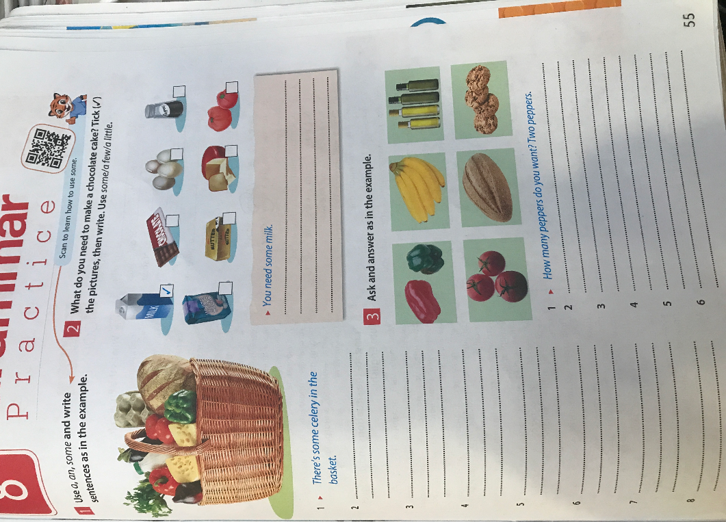 Use a, an, some and write sentences as in the example.