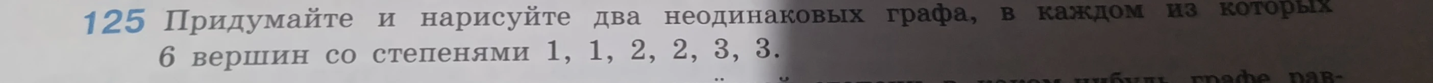 Придумайте и нарисуйте два неодинаковых графа, в каждом из которых 6 вершин со степенями 1, 1, 2, 2, 3, 3.