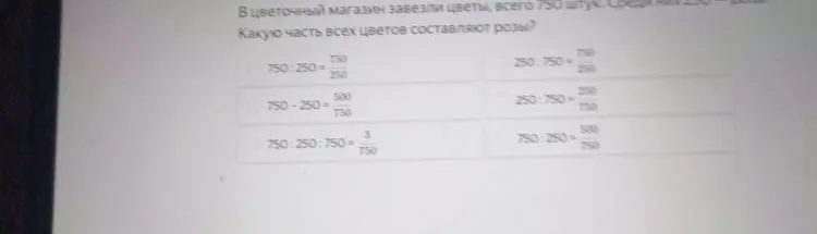 В цветочный магазин завезли цветы, всего 750 штук. Среди них 250 — розы. Какую часть всех цветов составляют розы?
