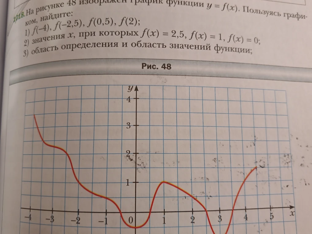 На рисунке 48 изображен график функции y = f(x). Пользуясь графиком, найдите: 1) f(-4), f(-2,5), f(0,5), f(2); 2) значения x, при которых f(x) = 2,5, f(x) = 1, f(x) = 0; 3) область определения и область значений функции;