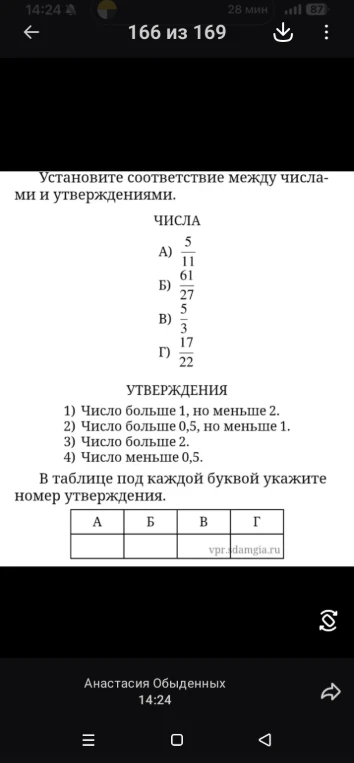 Установите соответствие между числами и утверждениями: А) 5/11, Б) 61/27, В) 5/3, Г) 17/22.