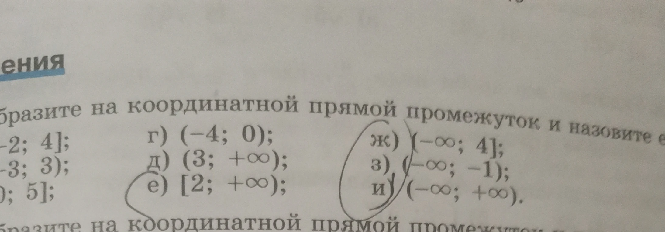 Изобразите на координатной прямой промежуток и назовите его: ж) (-∞; 4]; з) (-∞; -1); и) (-∞; +∞).