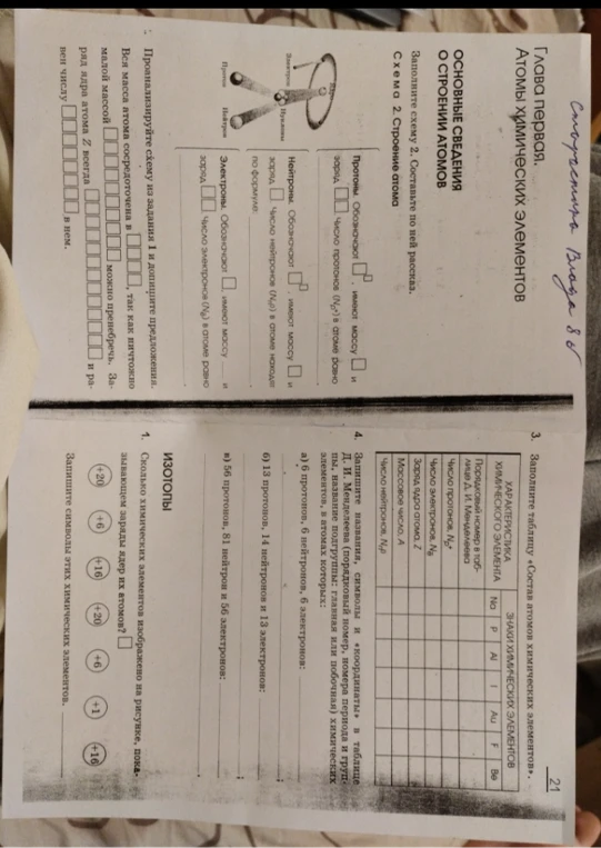 Заполните схему 2. Составьте по ней рассказ. Схема 2. Строение атома. Заполните таблицу «Состав атомов химических элементов».