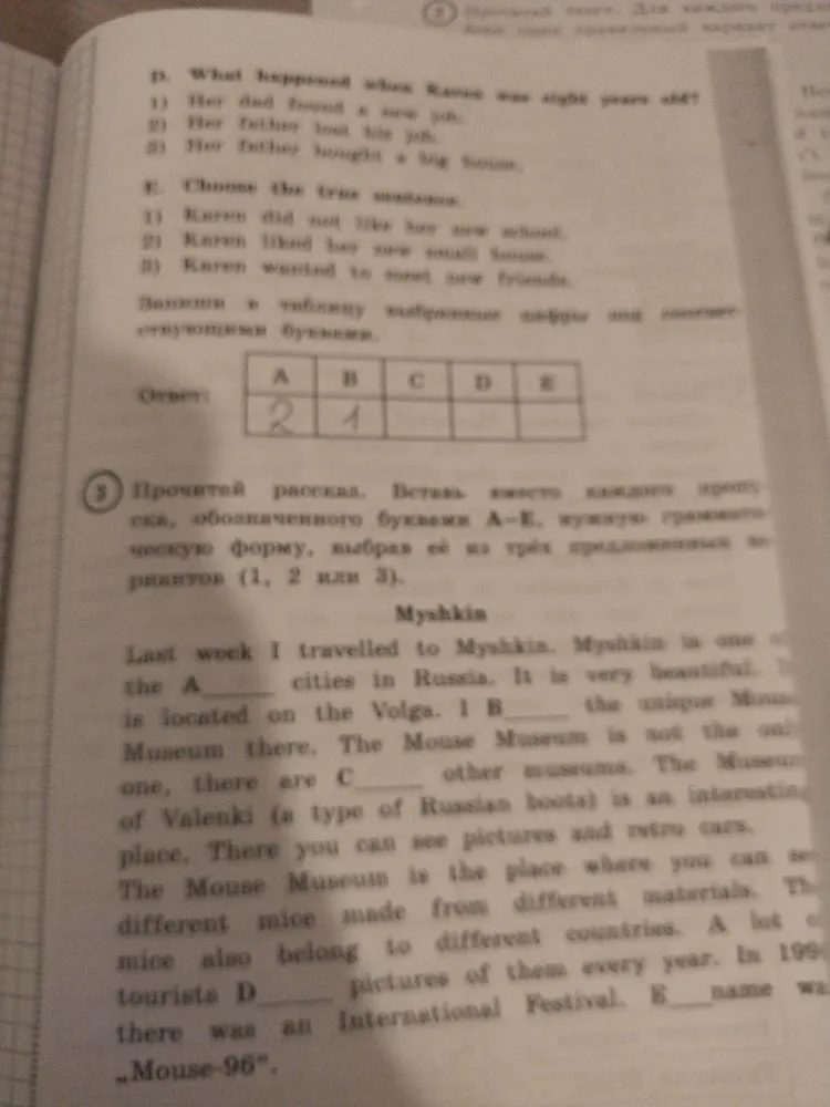 Прочитай рассказ. Вставь вместо каждого пропуска, обозначенного буквами A–E, нужную грамматическую форму, выбрав её из трёх предложенных вариантов (1, 2 или 3).