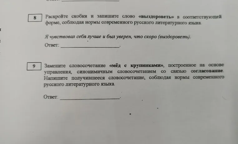 Раскройте скобки и запишите слово «выздороветь» в соответствующей форме; Замените словосочетание «мёд с крупинками» синонимичным со связью согласование.