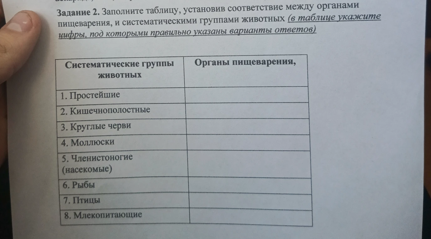 Заполните таблицу, установив соответствие между органами пищеварения и систематическими группами животных