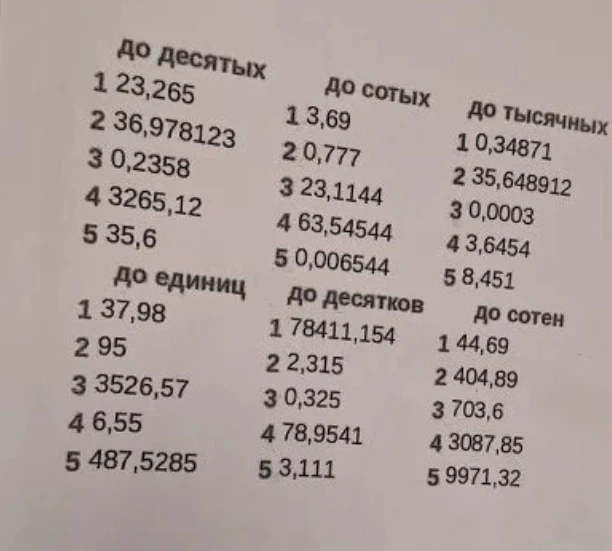 Округлите числа: до десятых, до сотых, до тысячных, до единиц, до десятков, до сотен.