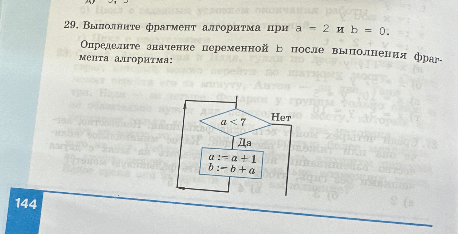 Выполните фрагмент алгоритма при a = 2 и b = 0. Определите значение переменной b после выполнения фрагмента алгоритма.