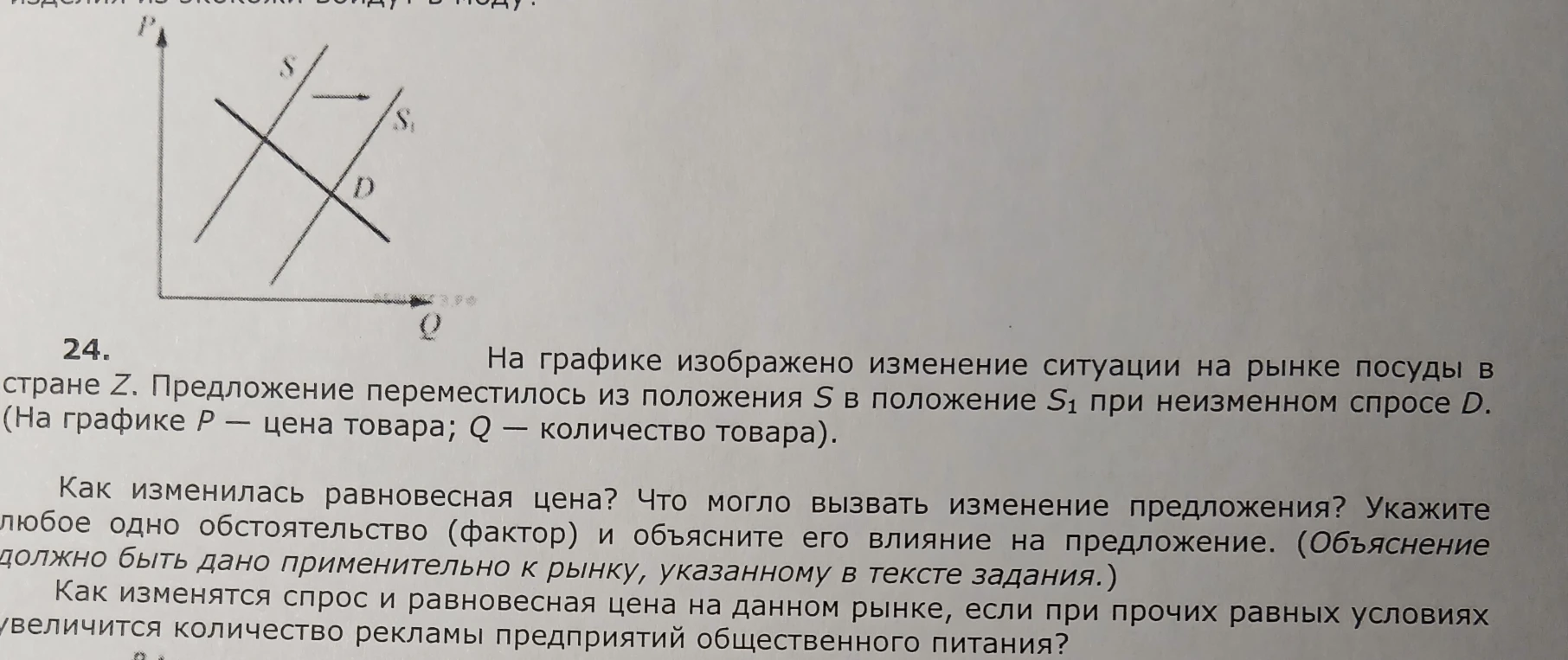 На графике изображено изменение ситуации на рынке посуды в стране Z. Предложение переместилось из положения S в положение S1 при неизменном спросе D.