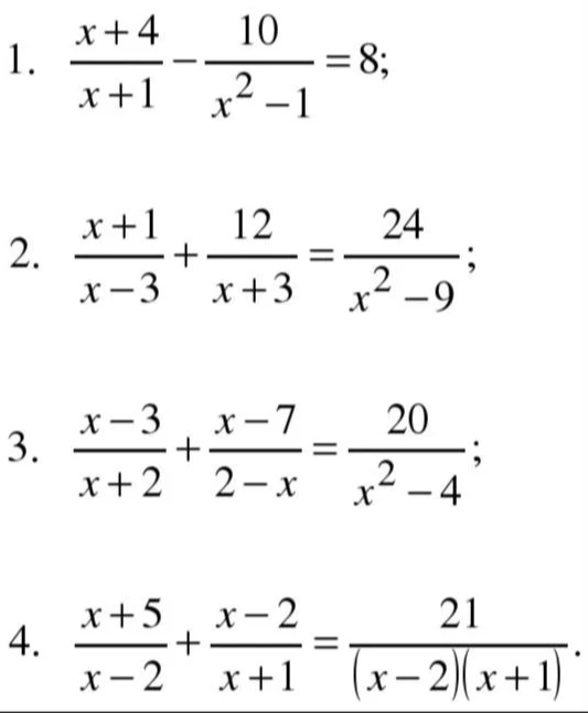 Решите рациональные уравнения: 1) (x+4)/(x+1) - 10/(x^2-1) = 8; 2) (x+1)/(x-3) + 12/(x+3) = 24/(x^2-9); 3) (x-3)/(x+2) + (x-7)/(2-x) = 20/(x^2-4); 4) (x+5)/(x-2) + (x-2)/(x+1) = 21/((x-2)(x+1))