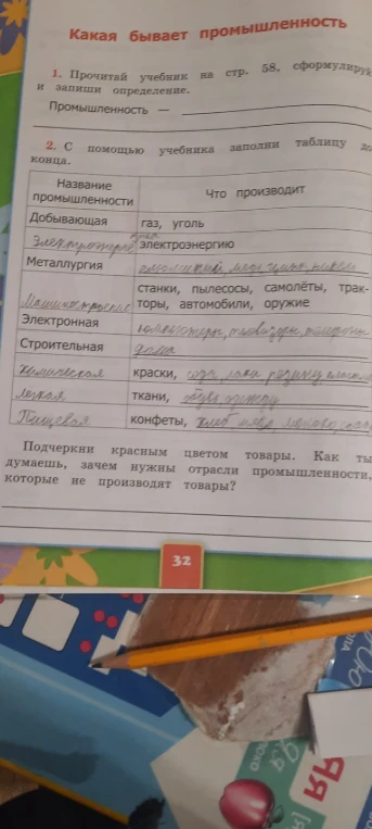 Прочитай учебник на стр. 58, сформулируй и запиши определение. Промышленность - ... С помощью учебника заполни таблицу до конца.