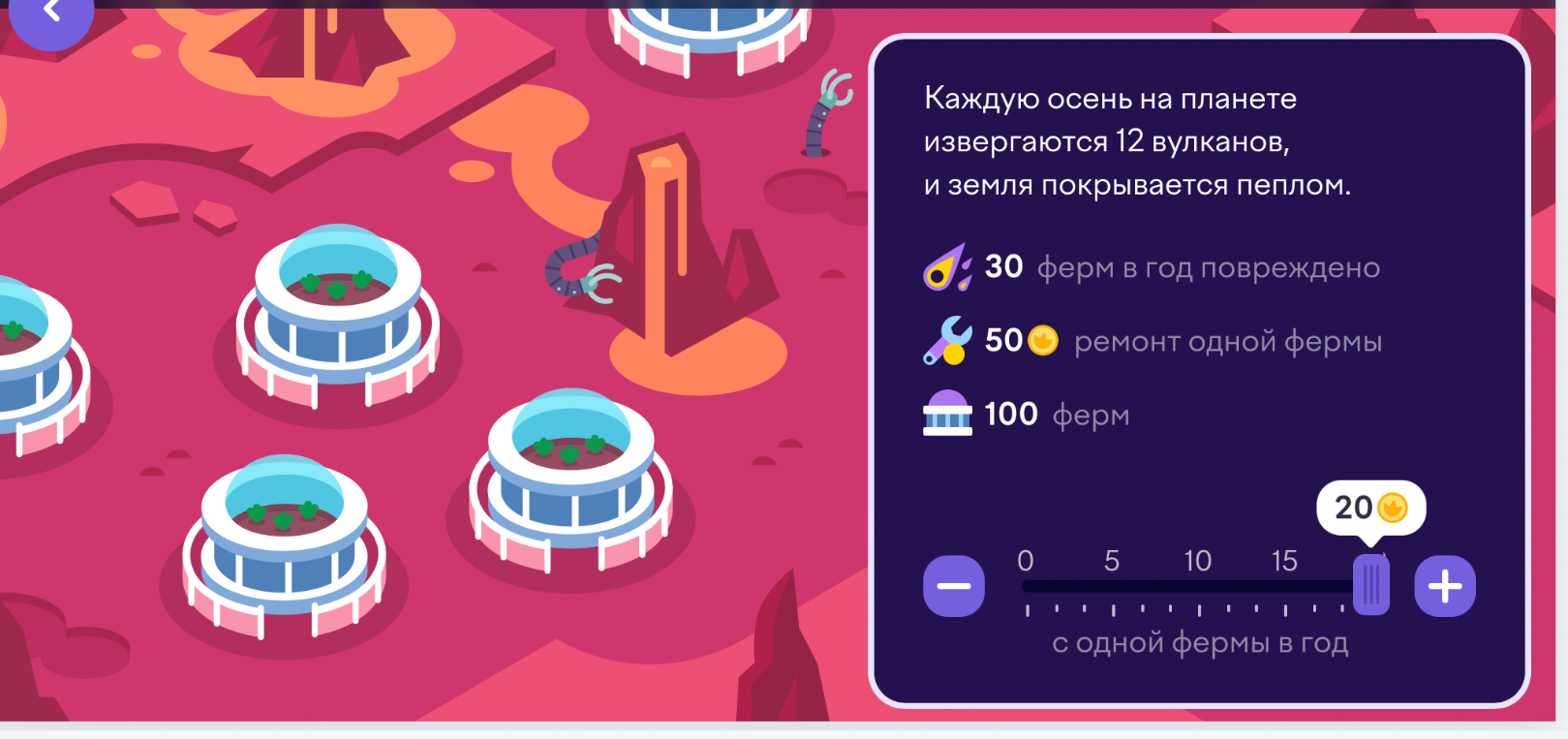 Каждую осень на планете извергаются 12 вулканов, и земля покрывается пеплом. 30 ферм в год повреждено, 50 ремонт одной фермы, 100 ферм. Сколько монет нужно собирать с одной фермы в год?