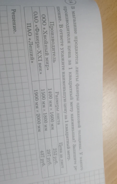 В магазине продаются листы фанеры одинаковой толщины. У какого производителя цена за 1 квадратный метр наименьшая? Запишите решение. В ответе укажите наименьшую цену за 1 квадратный метр.