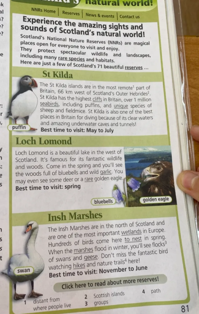 Переведите текст «Scotland's natural world!» о заповедниках Шотландии.