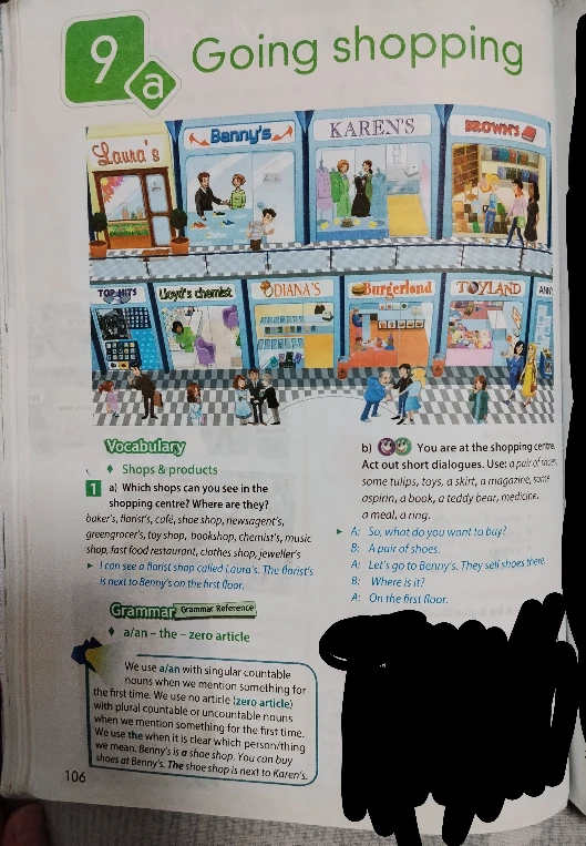 Which shops can you see in the shopping centre? Where are they?