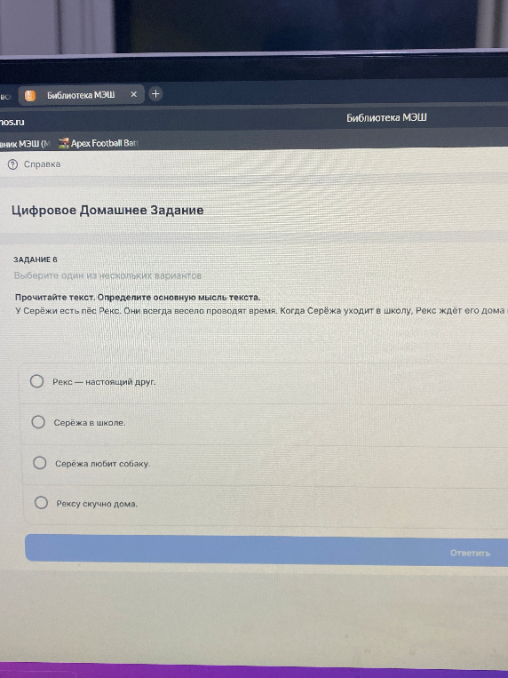 Прочитайте текст. Определите основную мысль текста. У Серёжи есть пёс Рекс. Они всегда весело проводят время. Когда Серёжа уходит в школу, Рекс ждёт его дома.