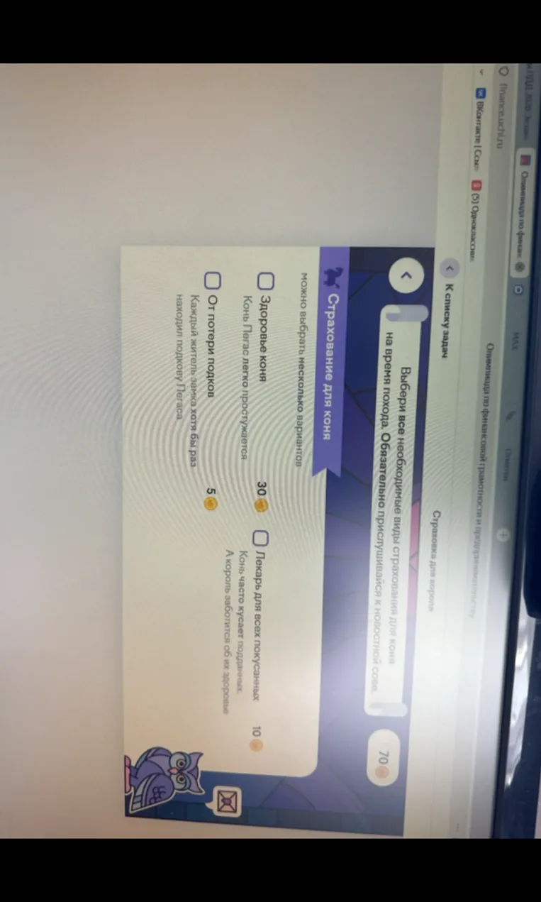 Выбери все необходимые виды страхования для коня на время похода. Обязательно прислушивайся к новостной соне.